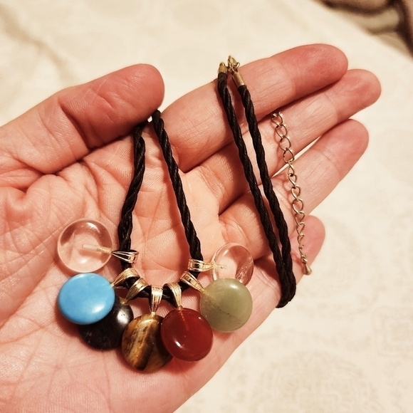 Seven Natural Stone Pendant Necklace on Black Rope Lobster Claw Clasp Quarts EUC - Picture 9 of 10